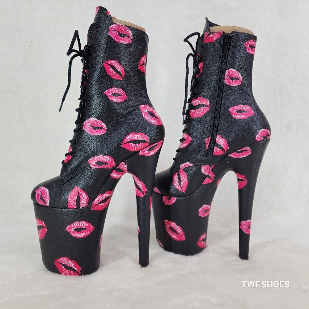 Kisses Black Platform High Heel Ankle Boots With Lipstick Kiss Print
